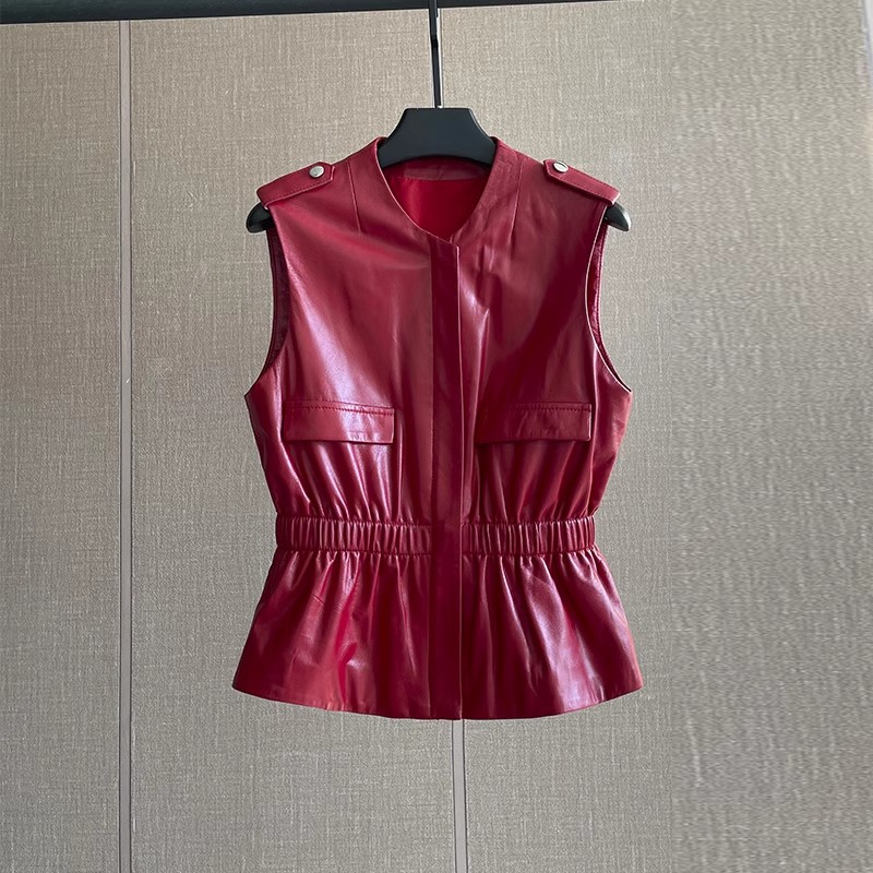 Women'S Fashion Leather Jacket - 여성용 슬림 웨이스트 레드 천연 가죽