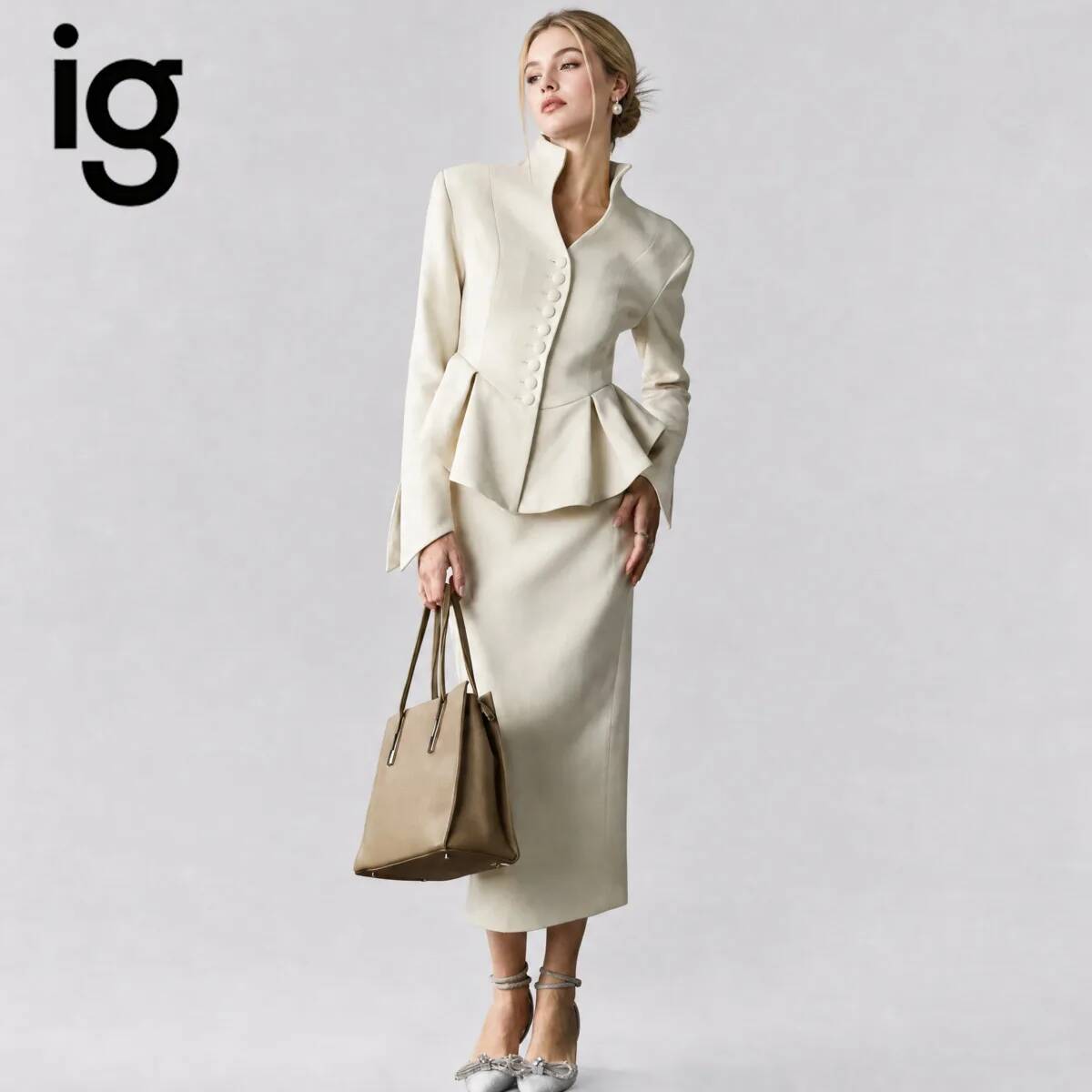 Women'S Fashion Blazer - IG26 여성용 스탠드 칼라 페플럼 블레이저