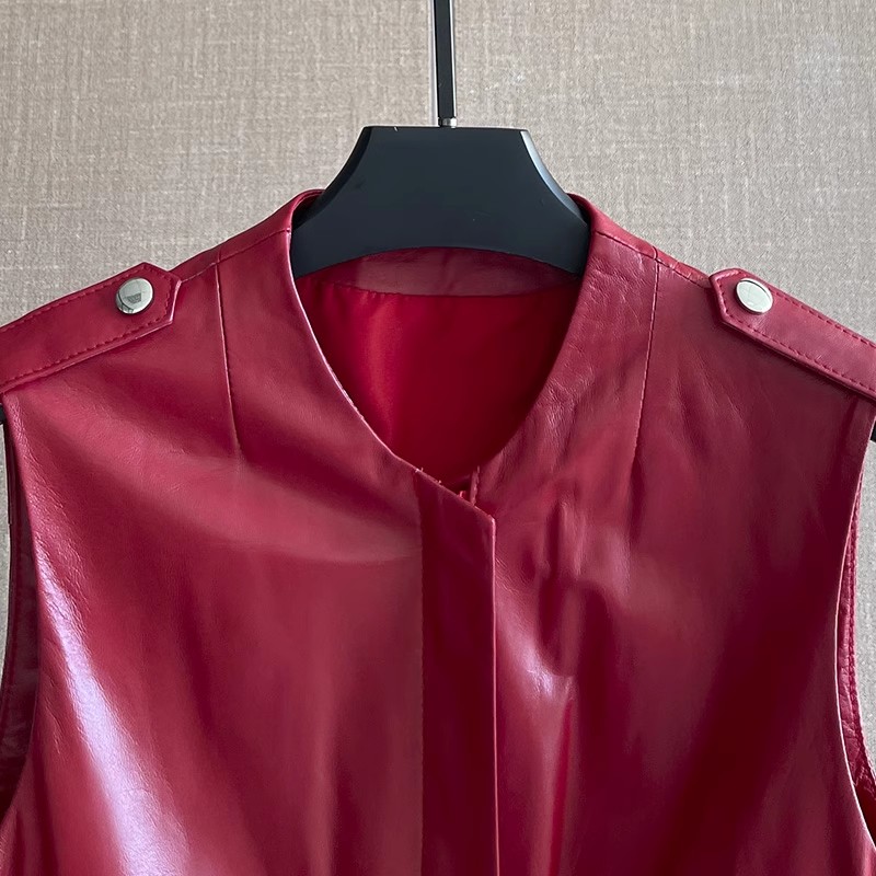 여성용 슬림 웨이스트 레드 천연 가죽 조끼 민소매 캐주 - Women'S Fashion Leather Jacket 리뷰 및 가격