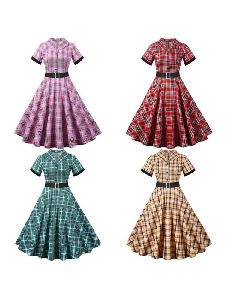 우아한 반팔 세트 칼라 슬림핏 원피스 빈티지 격자 무늬 - Women'S Fashion In The 1950S 리뷰 및 가격