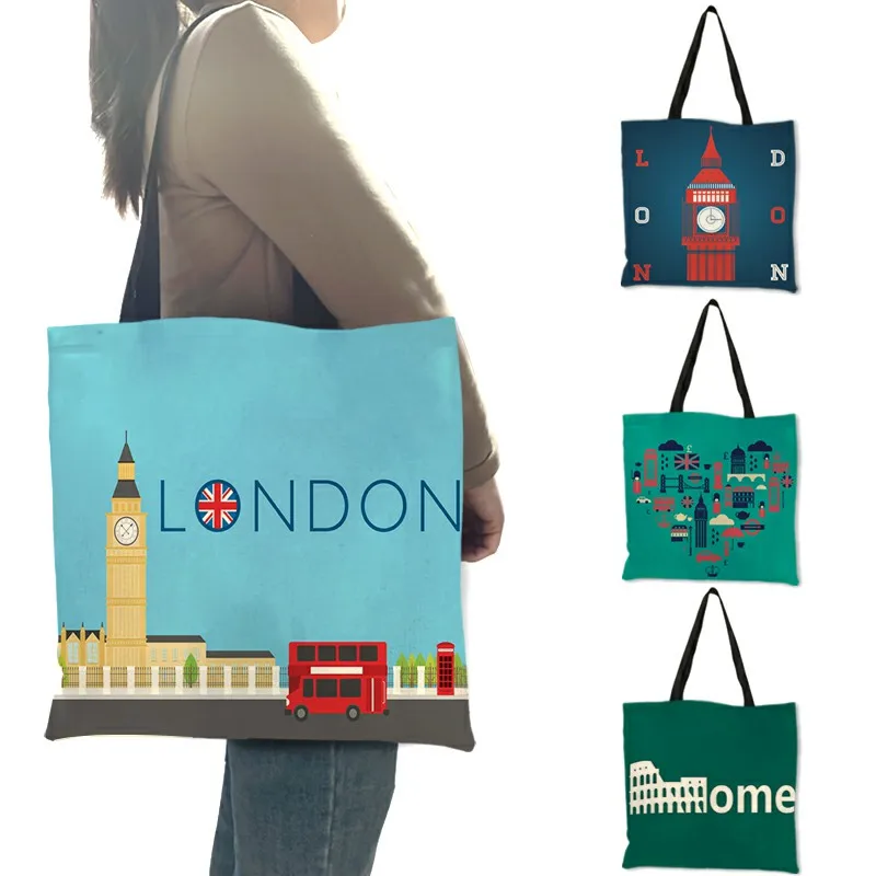 고품질 린넨 숄더백 런던 빅벤 타워 로마 프린트 토트백 - Women'S Fashion London 리뷰 및 가격