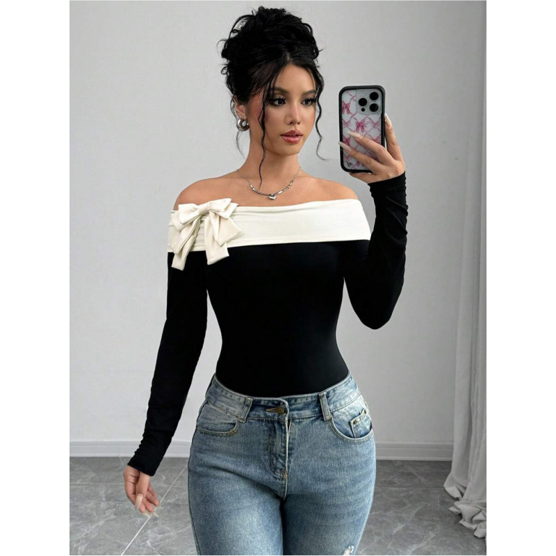 리본 장식 오프숄더 바디수트 |   캐주얼하고 패셔너블 - Women Fashion Style 리뷰 및 가격